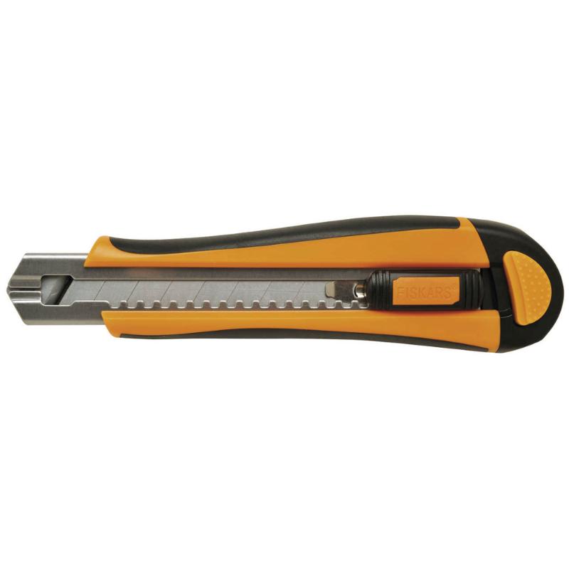 Fiskars 18mm Auto Re-Load knife with ergonomic grip, auto blade reload, and safety lock for effortless precision cutting.