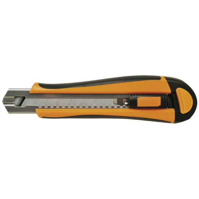 Fiskars 18mm Auto Re-Load knife with ergonomic grip, auto blade reload, and safety lock for effortless precision cutting.