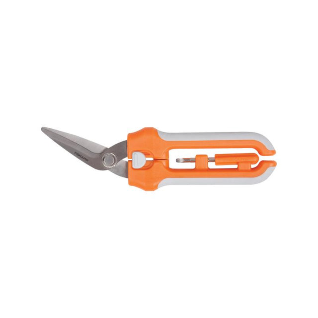 Fiskars 8-inch package opener with screwdriver, featuring stainless steel blades and ergonomic design for efficient cutting.