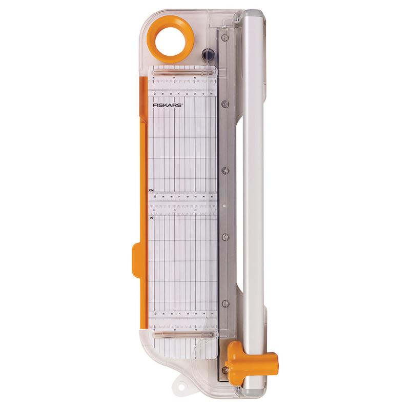 Fiskars 12-inch rotary trimmer for precise cutting of various materials with self-sharpening blade and clear measurement markings.