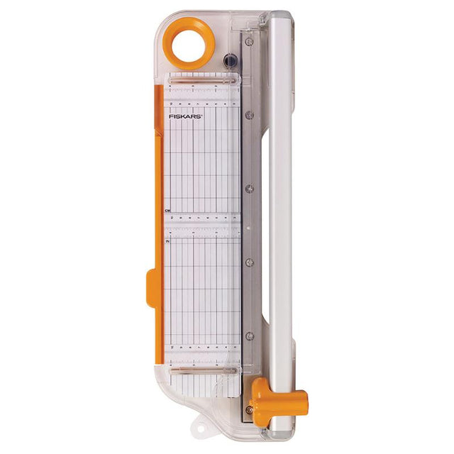 Fiskars 12-inch rotary trimmer for precise cutting of various materials with self-sharpening blade and clear measurement markings.