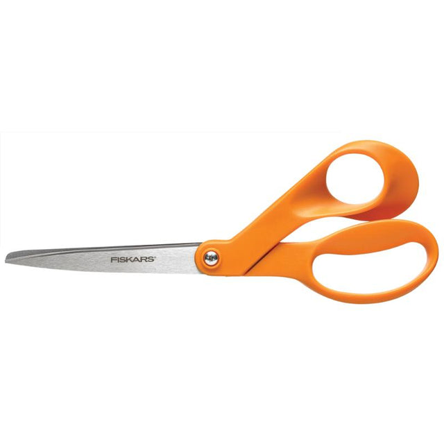 Fiskars 8 inch orange handle offset scissors designed for precise cutting of paper, fabric, and cardstock, suitable for all users.