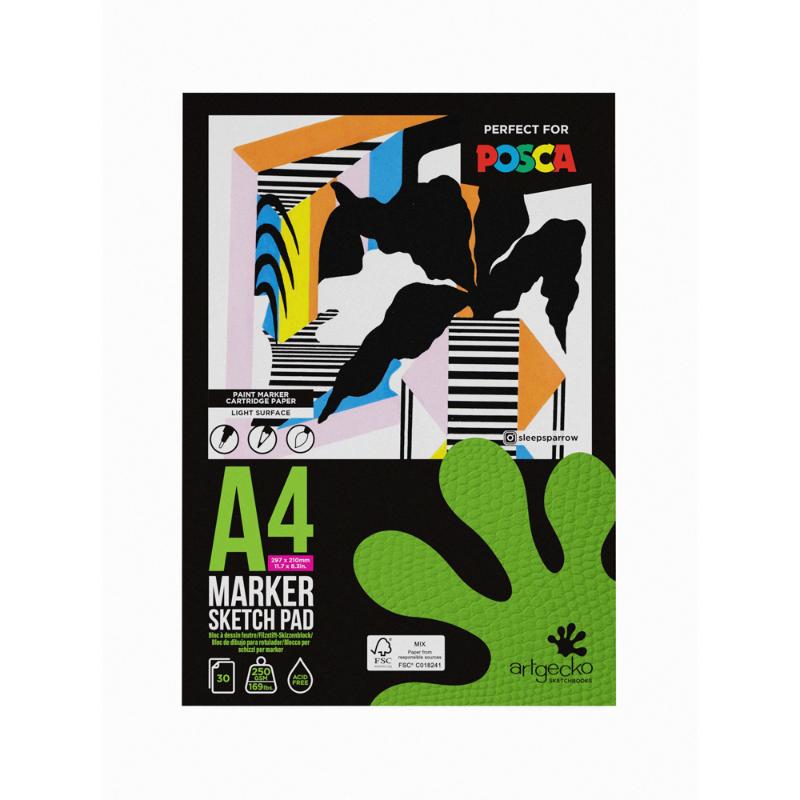 Artgecko Pro Marker Sketchpad A4 with 30 sheets of 250gsm white paper, ideal for markers and drawings.