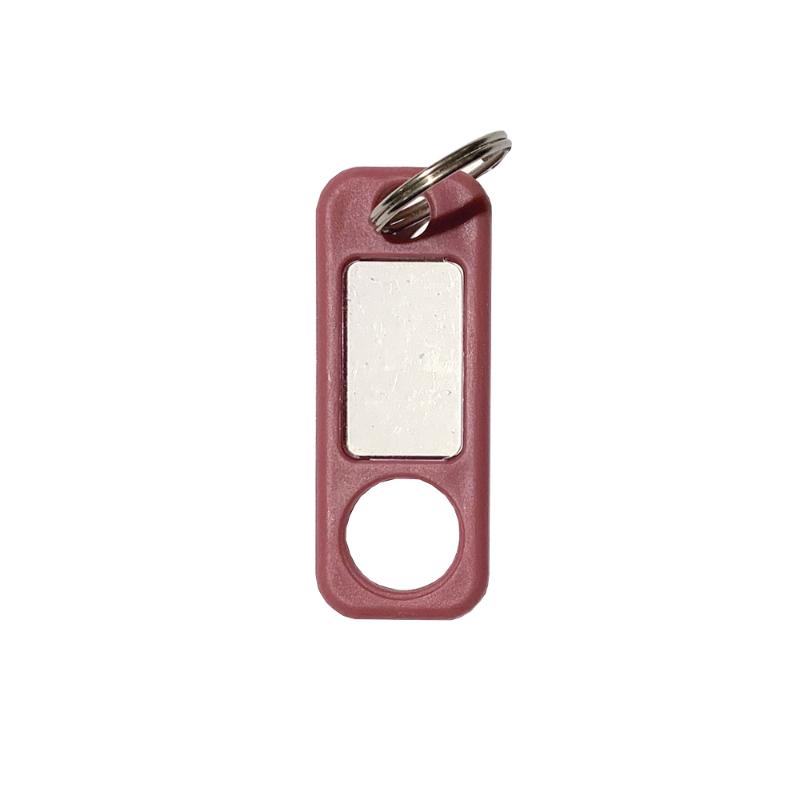 Vibrant red rectangular key tag for easy identification and organization of keys and belongings.