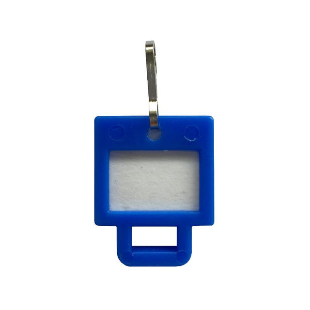 Blue square key tag for organizing keys, designed for easy identification and durable performance.