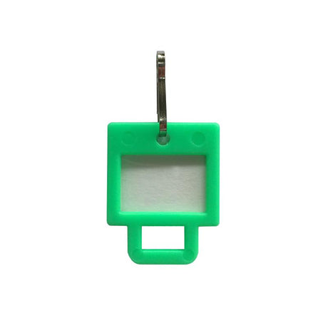 Durable green square key tag for organized key management, ideal for home and office with ample labeling space.