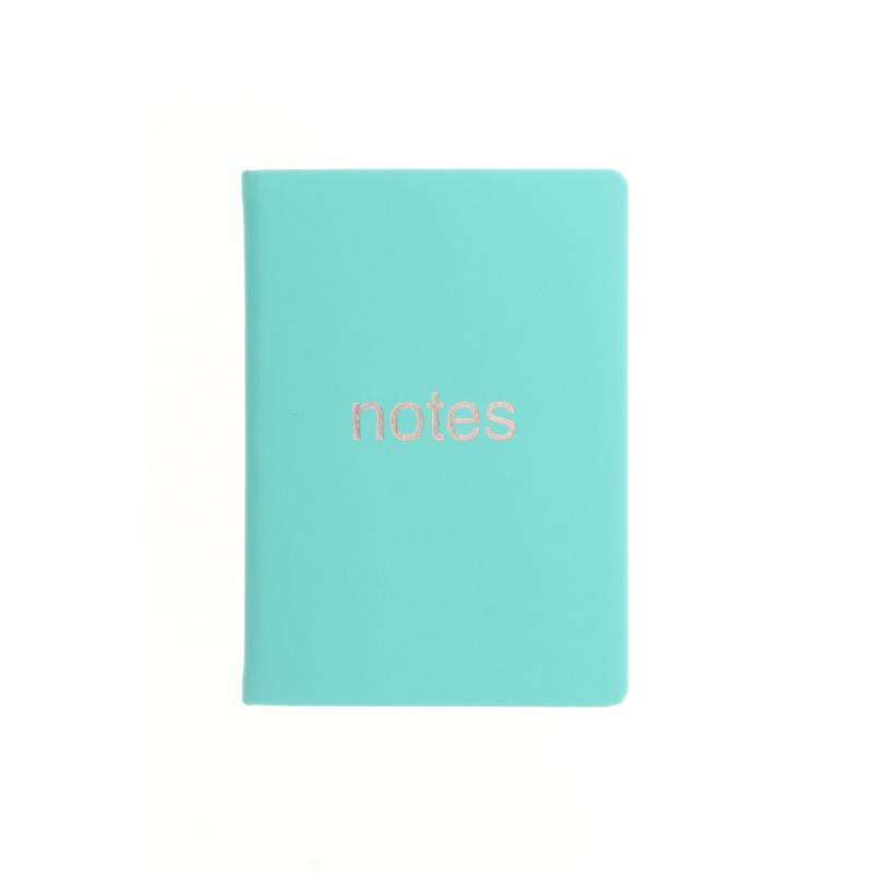 Turquoise A6 notebook with luxury micro texture cover, silver foil motif, and ruled pages for elegant note-taking.