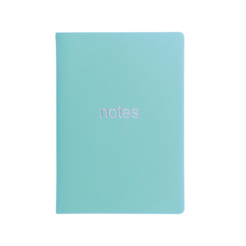 Turquoise A5 notebook with silver foil design, 192 lined pages, and ribbon marker for organized writing.