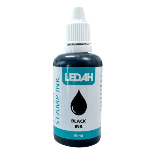 50ml bottle of Ledah black stamp ink with precision applicator for vibrant, consistent stamping on various surfaces.