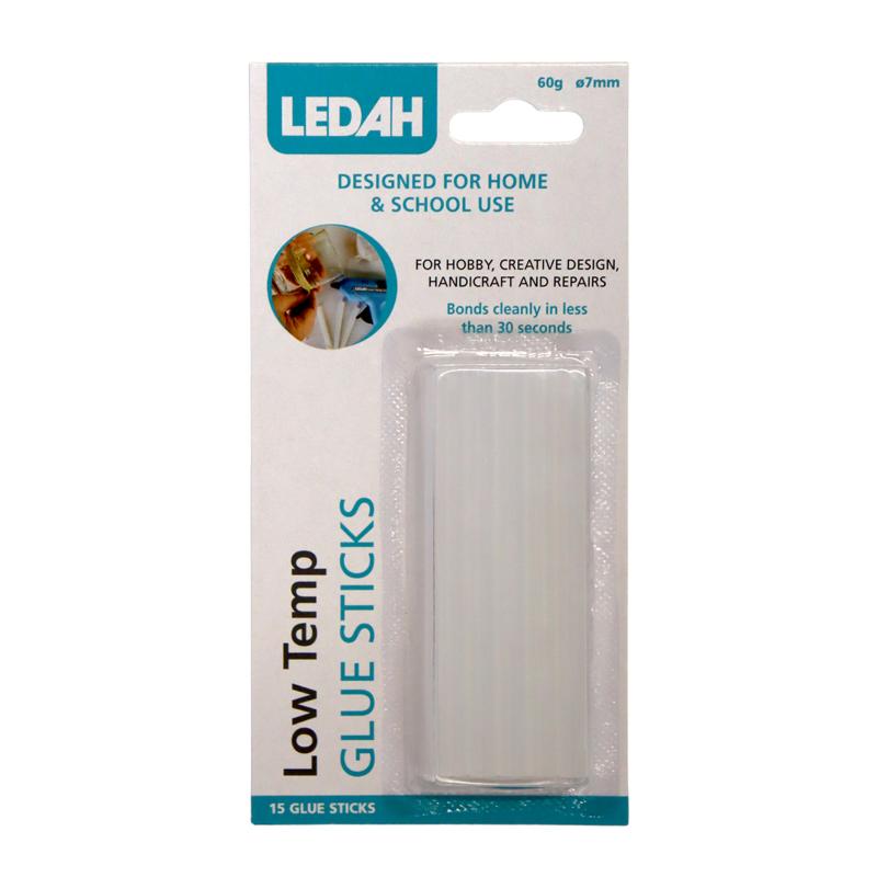 Ledah Low-Temp Glue Sticks 7mm, clear, 15-pack; ideal for crafts and repairs, bonds in 30 seconds, paintable finish.