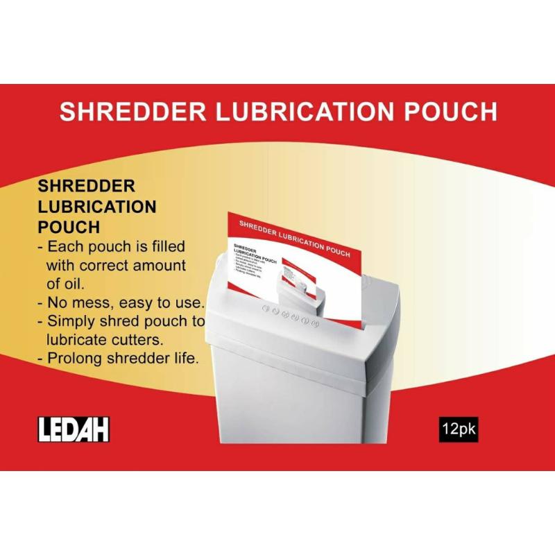 Ledah Shredder Lubrication Pouch, 12-pack, enhances shredder performance and reduces noise with mess-free oil application.