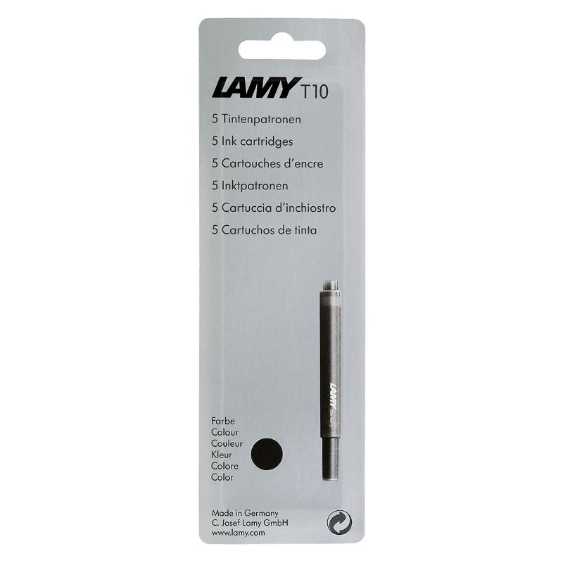 Lamy Ink T10 Black cartridges for fountain pens, offering five high-quality, rich black ink refills for smooth writing.