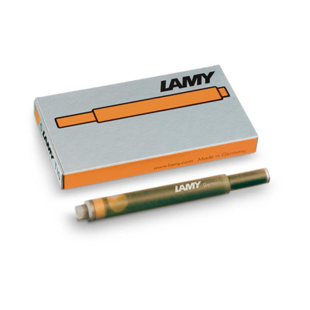 Five Lamy T10 ink cartridges in bronze, designed for smooth writing in Lamy fountain pens, ideal for notes and art.