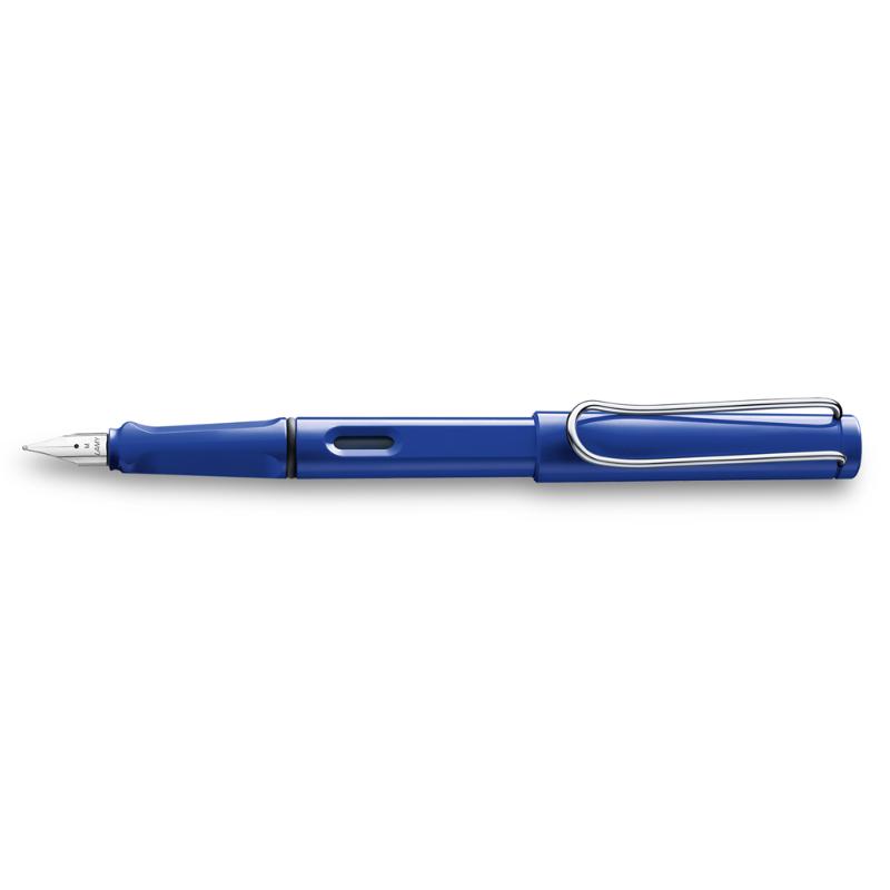 Lamy Safari Fountain Pen in glossy blue, featuring an ergonomic grip and polished steel nib, ideal for comfortable writing.