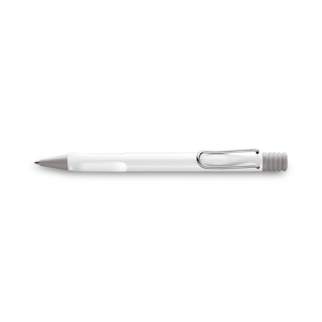 Lamy Safari Ballpen in white, featuring a sleek design, comfortable grip, and smooth black ink for effortless writing.