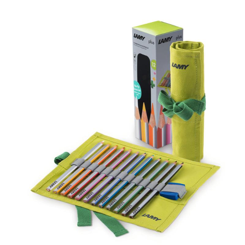 Lamy Coloured Pencils Plus set of 12 in a stylish cloth roll with sharpener, ideal for artists and crafters.