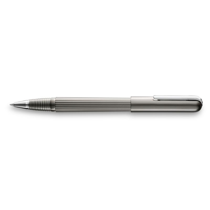 Lamy Imporium Rollerball Titanium pen with guilloched tank, polished platinum clip, and sleek matt finish for luxurious writing.