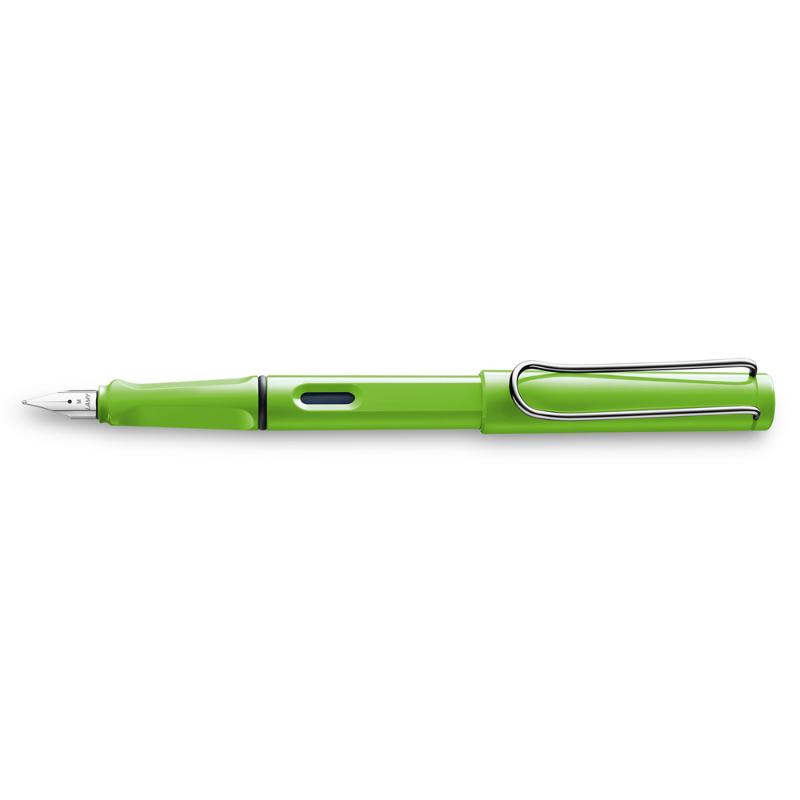 Lamy Safari Fountain Pen in vibrant Apple Green, featuring a polished steel nib and ergonomic design for comfortable writing.