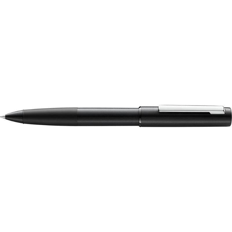 Lamy Aion Rollerball Black pen with sleek aluminum design, high-gloss clip, and smooth ink flow for elegant writing.