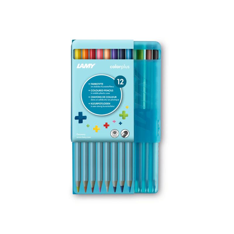 Set of 12 Lamy Coloured Pencils in a plastic case with stand, ideal for vibrant coloring and artistic projects.