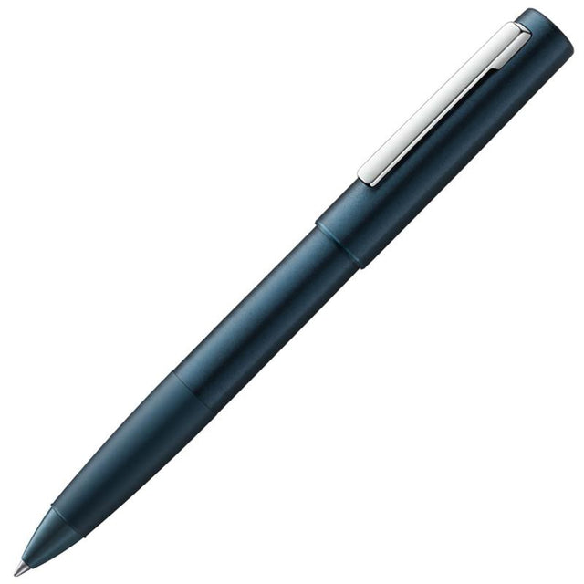 Lamy Aion Rollerball Pen LE in deep dark blue, featuring seamless aluminum construction and smooth M 63 M black ink.