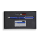 Lamy Fountain Pen Gift Set Blue E191 with blue ABS body, ergonomic grip, and includes blue ink cartridges and converter.