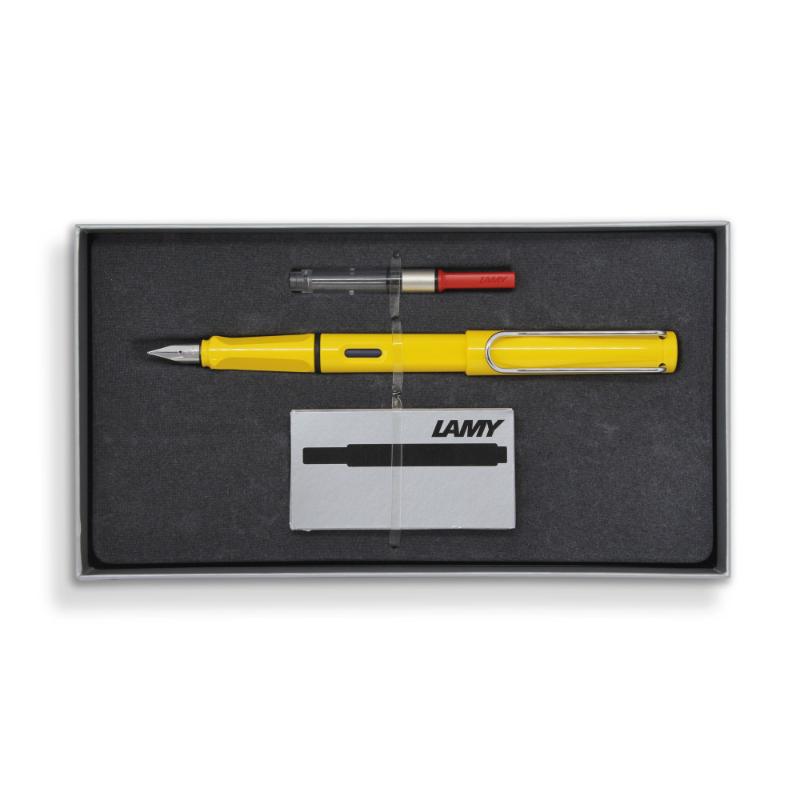 Lamy Fountain Pen Gift Set in vibrant yellow with polished steel nib, ergonomic grip, and blue-black ink cartridge included.