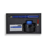 Lamy Blue E193 Fountain Pen Gift Set with ergonomic design, steel nib, ink bottle, converter, and blotting paper.