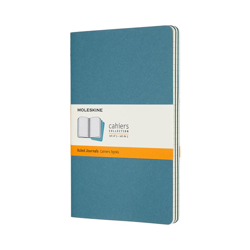 Pack of 3 Moleskine Cahier Journals in Brisk Blue with ruled pages and customizable covers for creative note-taking.