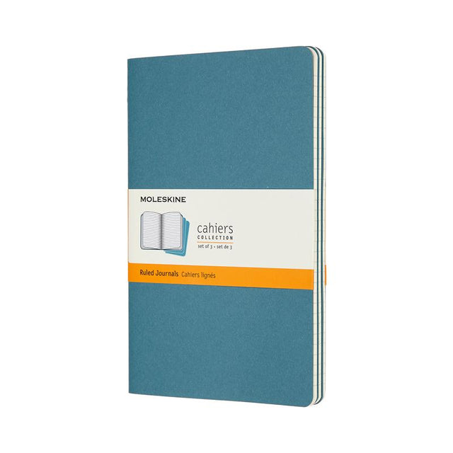 Pack of 3 Moleskine Cahier Journals in Brisk Blue with ruled pages and customizable covers for creative note-taking.