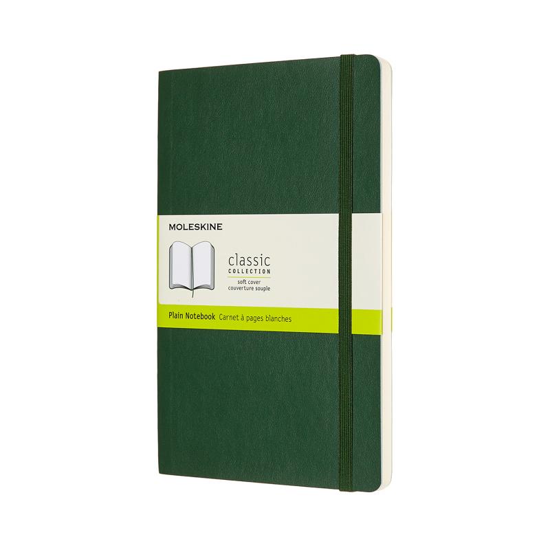 Moleskine Large Myrtle Green notebook with plain pages, elastic closure, and expandable pocket for creative ideas and notes.