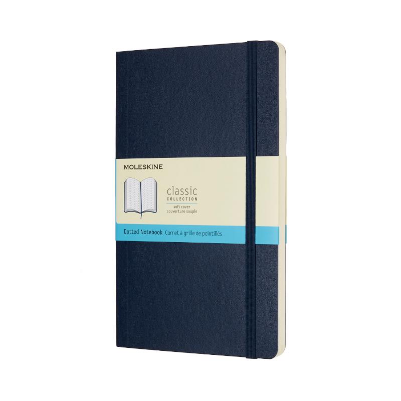 Large sapphire blue Moleskine notebook with dot grid pages, elastic closure, and ribbon bookmark for creative use.