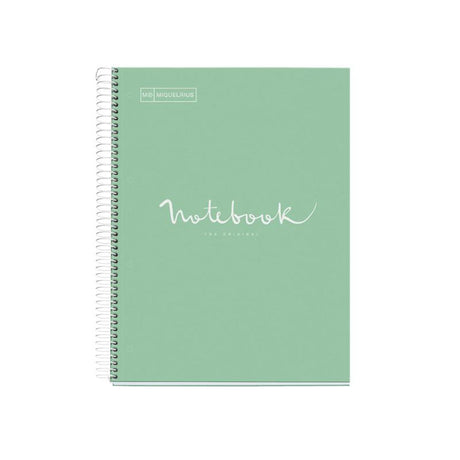Miquelrius A4 Notebook in mint with 5 subjects, 120 ruled leaves for organized note-taking and stylish design.