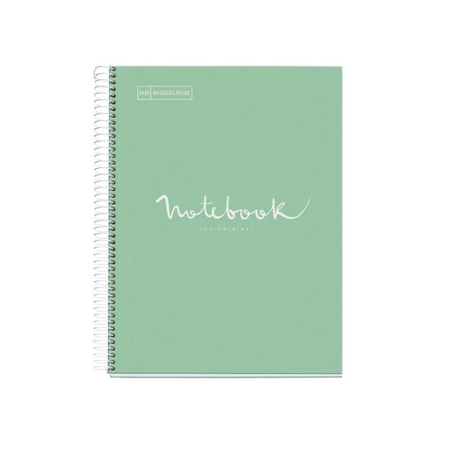 Miquelrius A4 Notebook in mint with 5 subjects, 120 ruled leaves for organized note-taking and stylish design.