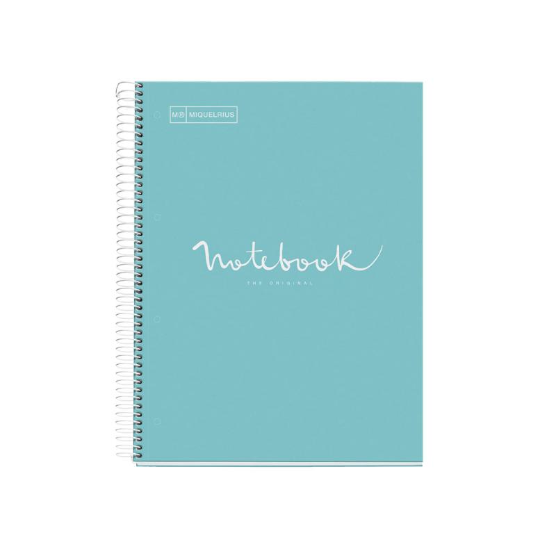 Miquelrius sky blue A4 notebook with 120 ruled pages, divided into 5 subjects for organized note-taking.