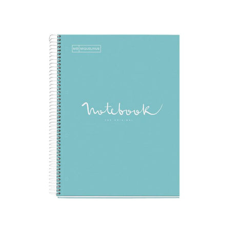 Miquelrius sky blue A4 notebook with 120 ruled pages, divided into 5 subjects for organized note-taking.