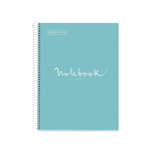 Miquelrius sky blue A4 notebook with 120 ruled pages, divided into 5 subjects for organized note-taking.