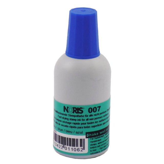 Noris #007 Quick-Dry Ink in blue, 30ml bottle for vibrant, smudge-free stamping on various surfaces.