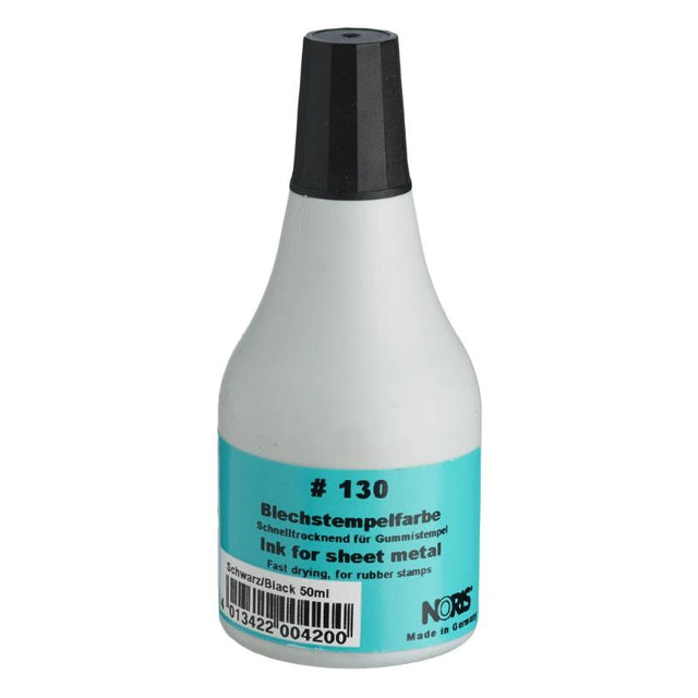 Noris #130 black sheet metal ink in a 50ml bottle, perfect for durable stamping on metal and quick-drying projects.