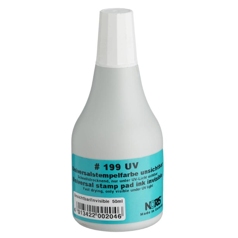 Noris #199 Universal Pad Ink 50ml UV, high-quality alcohol-based ink for clear stamping on various surfaces.