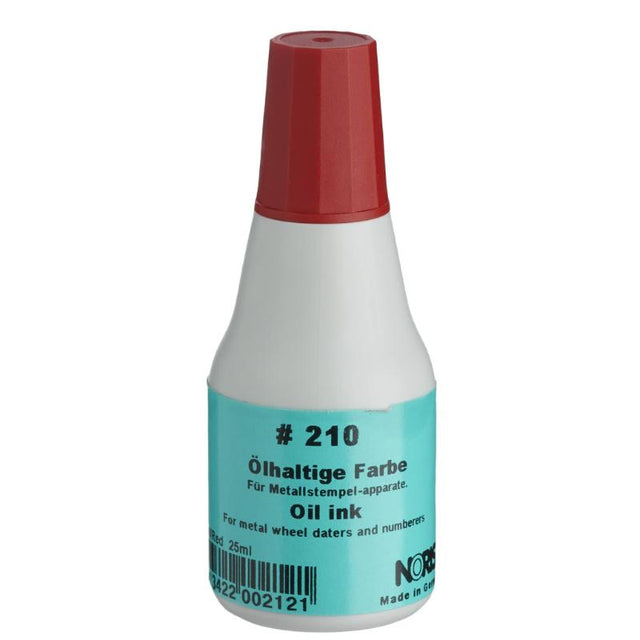 Noris #210 red metal stamp ink 25ml, ideal for crisp, clear imprints on various surfaces with quick drying time.