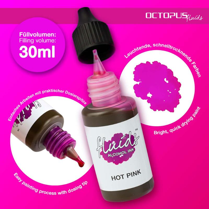 Vibrant hot pink alcohol ink in a 30ml bottle, perfect for fluid art on smooth surfaces with rich pigmentation.