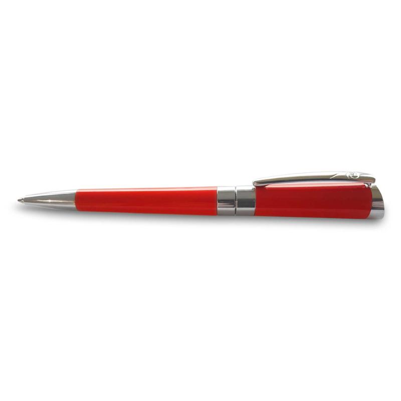 Pierre Cardin Evolution Red ballpoint pen with lacquered brass, chrome accents, and elegant design for effortless writing.