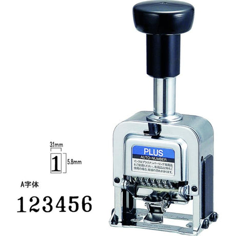 Plus A Auto Numberer: durable self-inking stamp with adjustable wheels for precise numbering in offices and workshops.