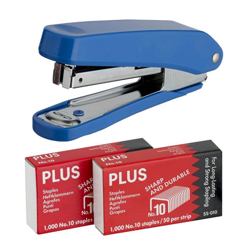 Plus Stapler PS10E in blue with 2000 staples, perfect for home and office use, ergonomically designed for comfort.