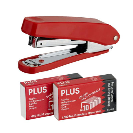 Plus Stapler in red with ergonomic grip and 2000 staples, ideal for binding up to 15 sheets effortlessly.