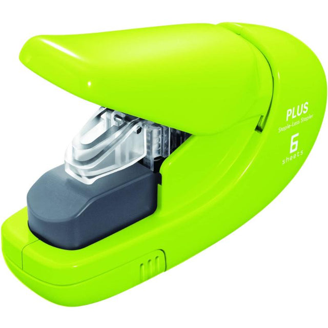 Eco-friendly green stapler binds up to 5 sheets without staples, perfect for home, school, and office use.