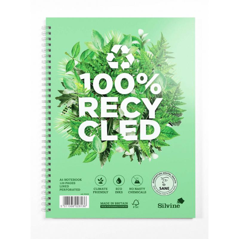 Silvine 100% Recycled Twin Wire Notebook A4+ 120 Pages Ruled with Margin