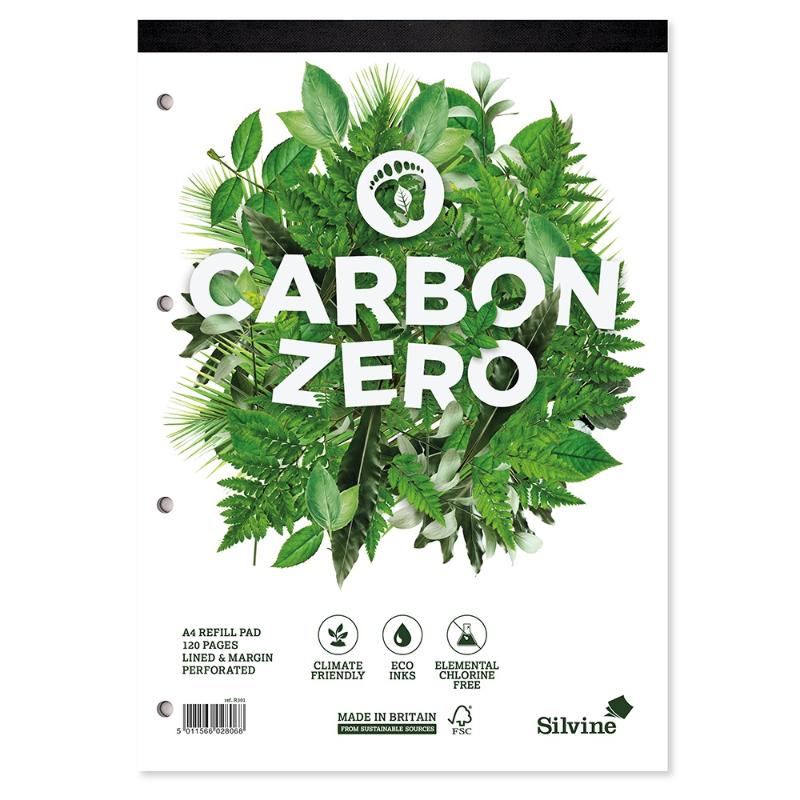 Silvine Carbon Zero A4 refill pad with 120 ruled, margin pages, eco-friendly and easily removable for sustainable writing.