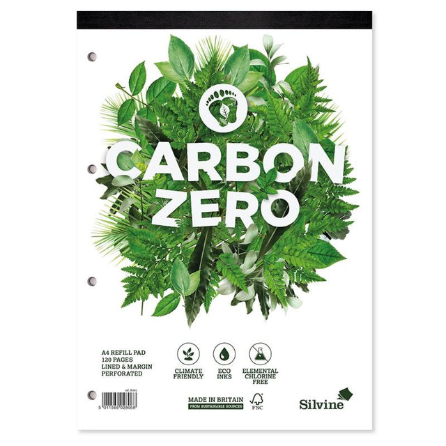 Silvine Carbon Zero A4 refill pad with 120 ruled, margin pages, eco-friendly and easily removable for sustainable writing.
